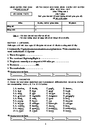 Đề thi chọn học sinh năng khiếu cấp huyện môn Tiếng Anh Lớp 6 (Hệ 7 năm) - Năm học 2016-2017 - Phòng giáo dục và đào tạo huyện Phù Ninh